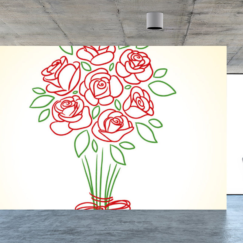 Red Rose Blossom Mural Decal Moisture Resistant Contemporary Bathroom Wall Covering Clearhalo 'Wall Decor' 'Wall Mural' 1698381