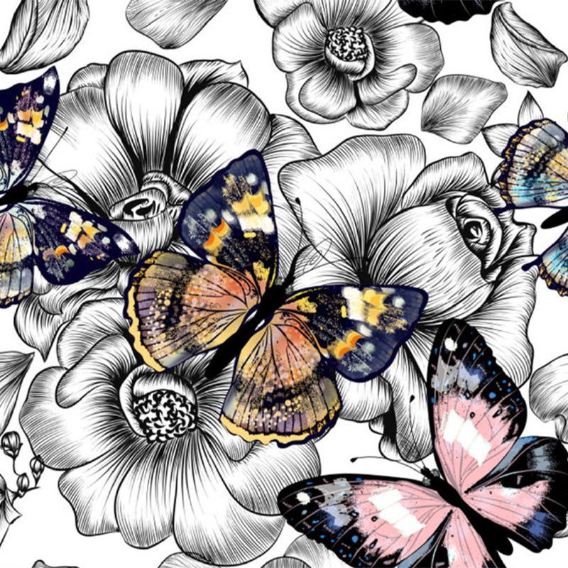 Dancing Butterflies and Flowers Mural Wallpaper for Living Room Summer Wall Art, Custom Clearhalo 'Wall Decor' 'Wall Mural' 1698407