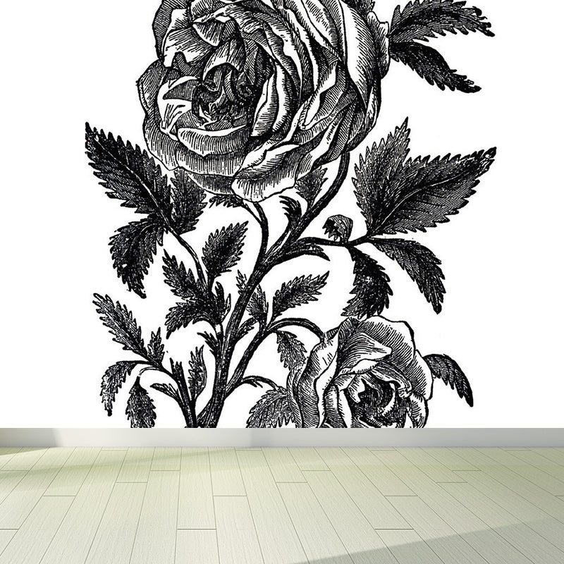 Whole Blossoming Rose Mural Wallpaper for Wall Decor Modern Girls Bedroom Wall Art Black Clearhalo 'Wall Decor' 'Wall Mural' 1698464