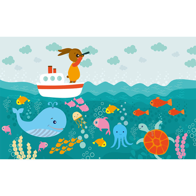 Blue Ocean Animals Wall Mural Nautical Cartoon Waterproofing Wall Art for Baby Room Clearhalo 'Wall Decor' 'Wall Mural' 1698482