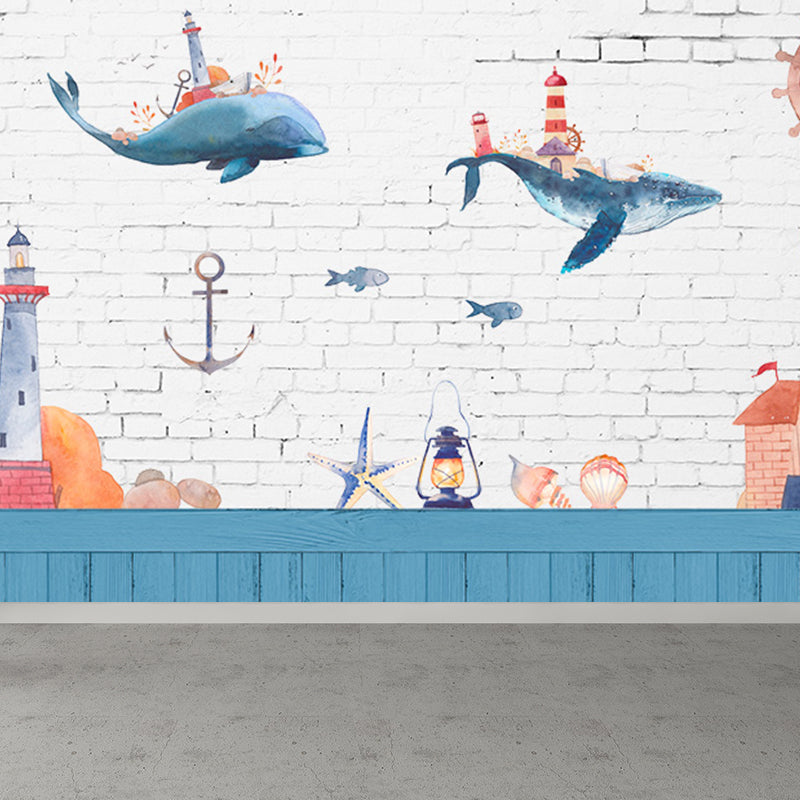 Blue Ocean Animals Wall Mural Nautical Cartoon Waterproofing Wall Art for Baby Room Clearhalo 'Wall Decor' 'Wall Mural' 1698491