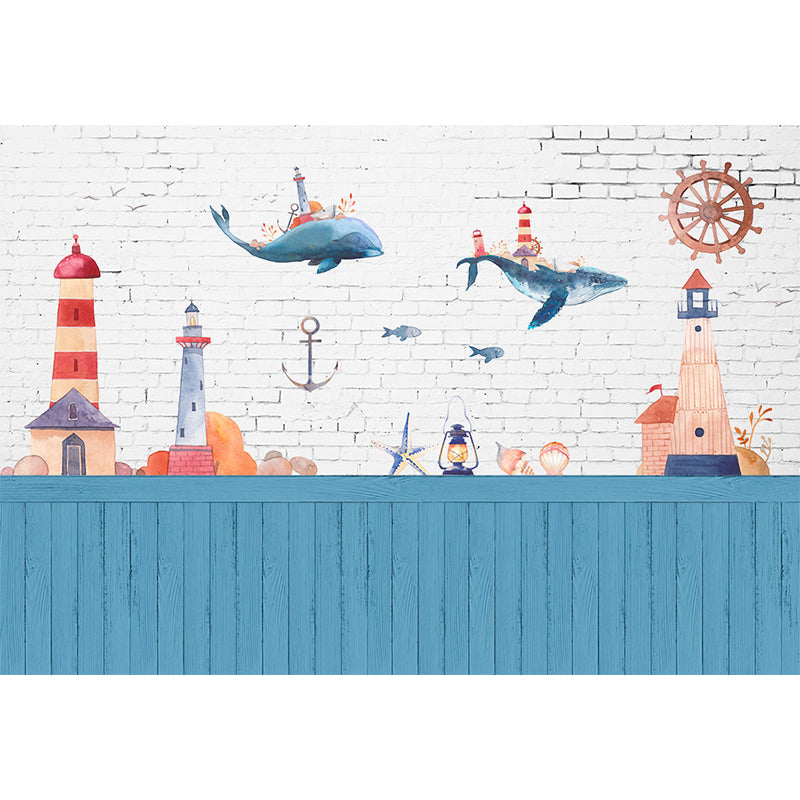 Blue Ocean Animals Wall Mural Nautical Cartoon Waterproofing Wall Art for Baby Room Clearhalo 'Wall Decor' 'Wall Mural' 1698492