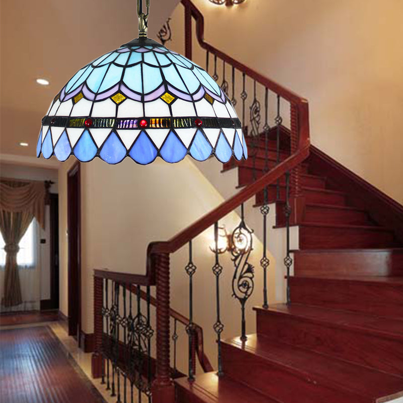 Hanging Lights for Dining Table, Floral Shade Pendant Ceiling Lamp in Blue with Art Glass Shade Tiffany Style Blue 12