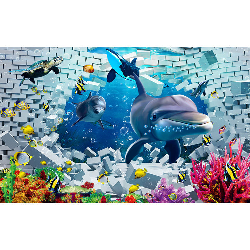 Kids Undersea World Mural Wallpaper Blue Aquarium Wall Covering for Child Bedroom Clearhalo 'Wall Decor' 'Wall Mural' 1698617