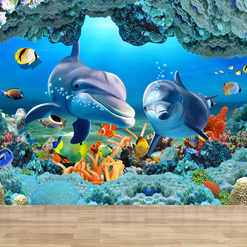 Kids Undersea World Mural Wallpaper Blue Aquarium Wall Covering for Child Bedroom Clearhalo 'Wall Decor' 'Wall Mural' 1698621