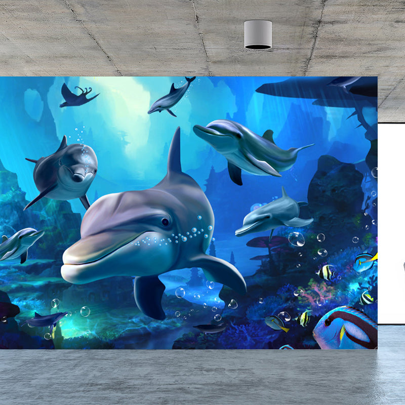 Blue Underwater Dolphins Wallpaper Mural Stain Resistant Wall Art for Kids Bedroom Clearhalo 'Wall Decor' 'Wall Mural' 1698635