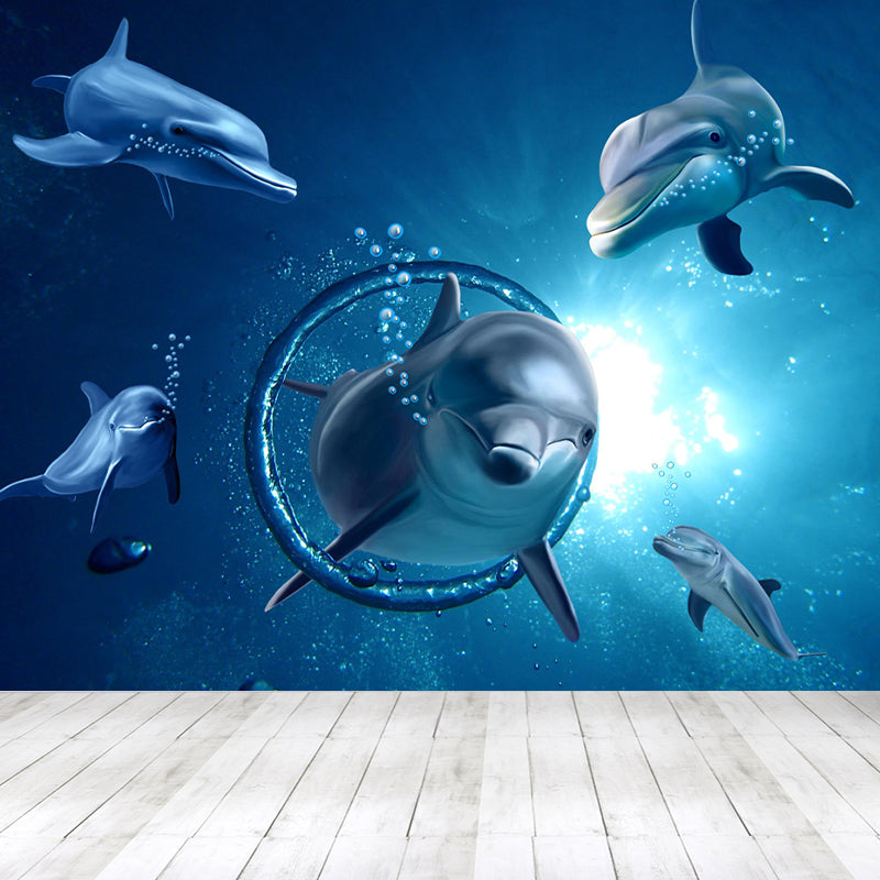 Blue Underwater Dolphins Wallpaper Mural Stain Resistant Wall Art for Kids Bedroom Clearhalo 'Wall Decor' 'Wall Mural' 1698640