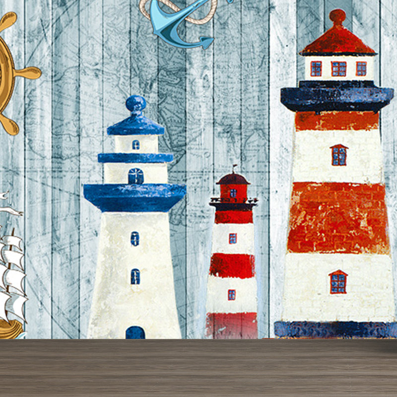 Nautical Lighthouse Mural Wallpaper Cartoon Non-Woven Cloth Wall Decor for Living Room Clearhalo 'Wall Decor' 'Wall Mural' 1699006