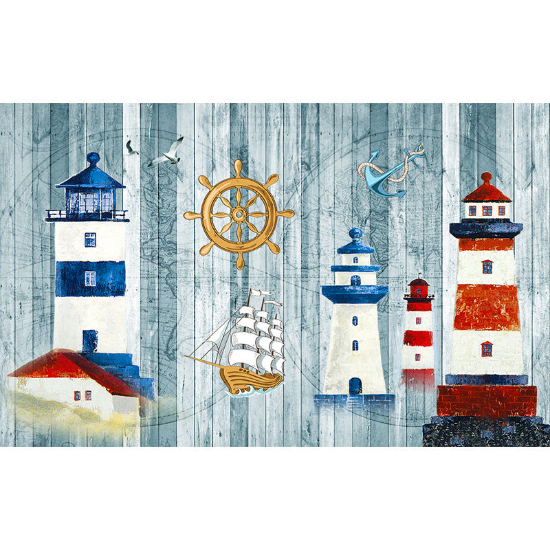 Nautical Lighthouse Mural Wallpaper Cartoon Non-Woven Cloth Wall Decor for Living Room Clearhalo 'Wall Decor' 'Wall Mural' 1699007