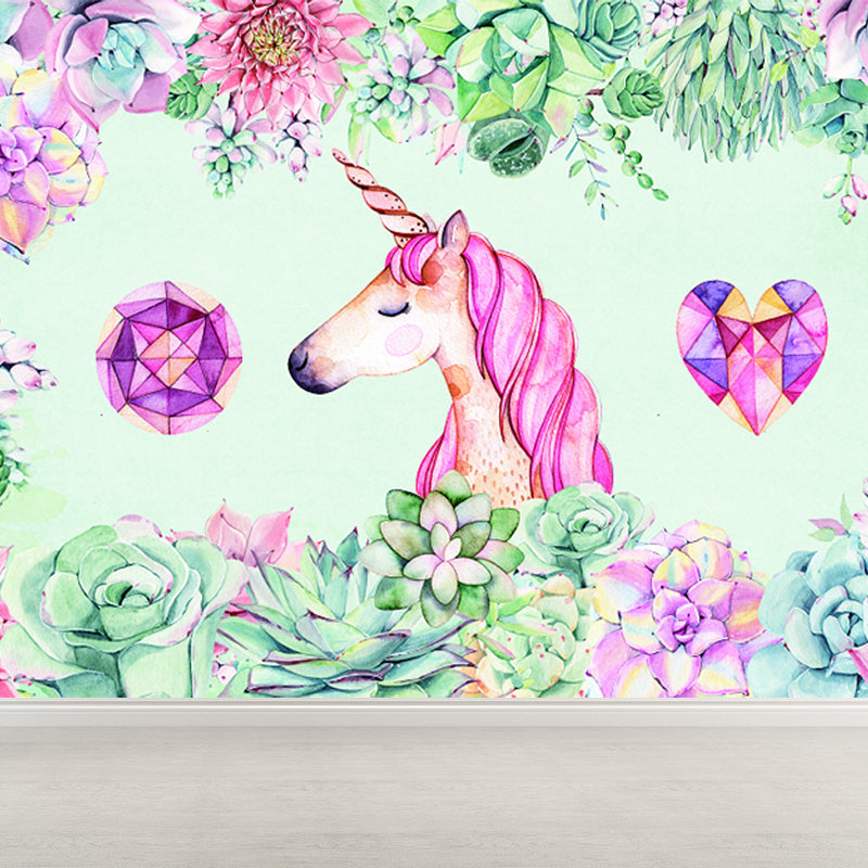 Kids Flower Border Unicorn Mural Green and Pink Waterproofing Wall Art for Nursery Green Clearhalo 'Wall Decor' 'Wall Mural' 1699074