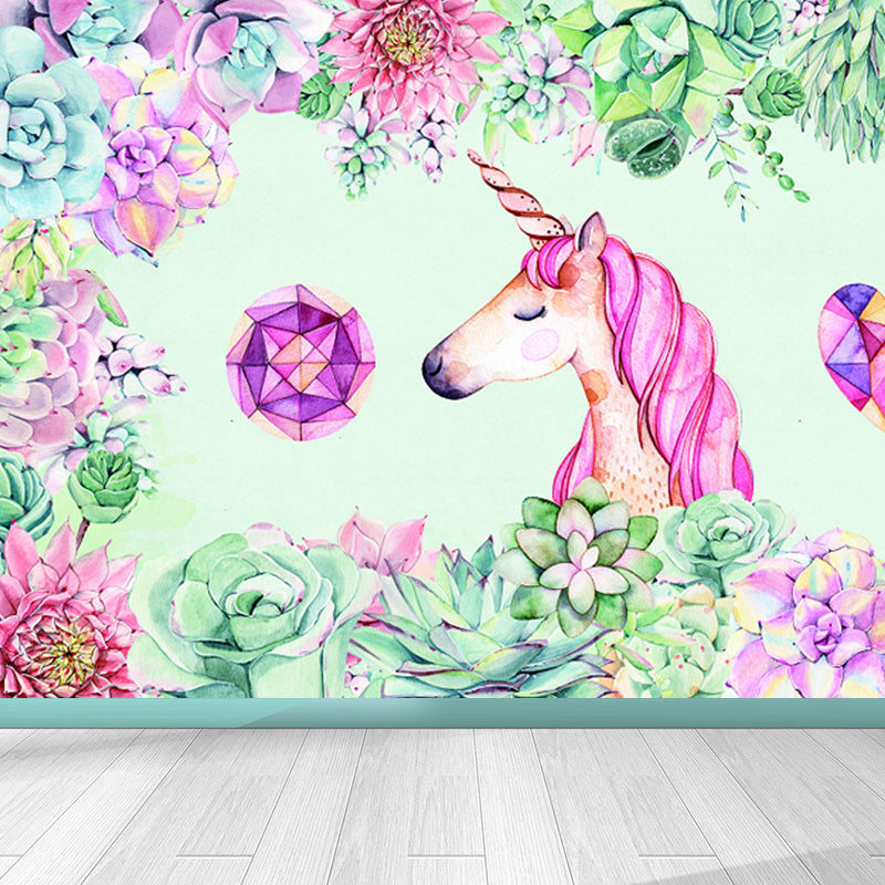 Kids Flower Border Unicorn Mural Green and Pink Waterproofing Wall Art for Nursery Clearhalo 'Wall Decor' 'Wall Mural' 1699075