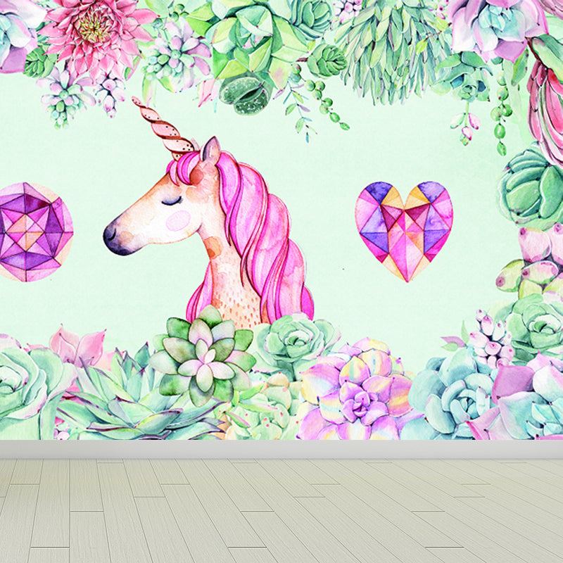 Kids Flower Border Unicorn Mural Green and Pink Waterproofing Wall Art for Nursery Clearhalo 'Wall Decor' 'Wall Mural' 1699076