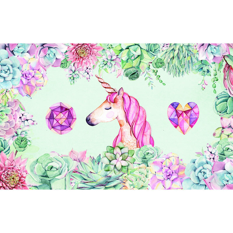 Kids Flower Border Unicorn Mural Green and Pink Waterproofing Wall Art for Nursery Clearhalo 'Wall Decor' 'Wall Mural' 1699077