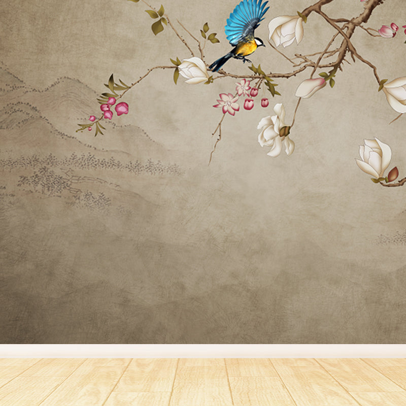 Personalized Illustration Chinese Mural Wallpaper with Magpie and Flower Pattern, Brown Clearhalo 'Wall Decor' 'Wall Mural' 1699085