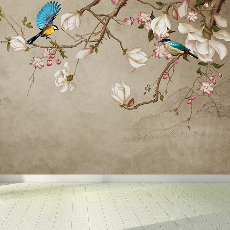 Personalized Illustration Chinese Mural Wallpaper with Magpie and Flower Pattern, Brown Clearhalo 'Wall Decor' 'Wall Mural' 1699086