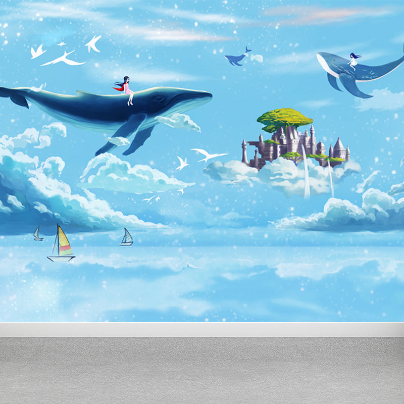 Dreamy Wonderland Wallpaper Mural Girls Room Cartoon Scene Wall Covering, Custom Size Blue Clearhalo 'Wall Decor' 'Wall Mural' 1699099