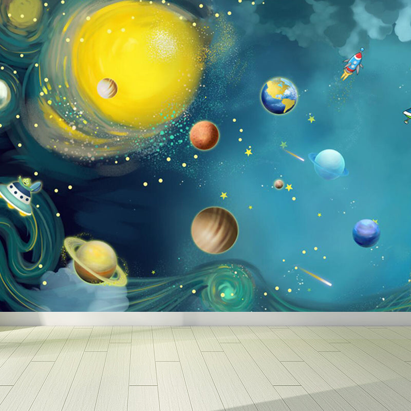 Waterproof Planets Wall Mural Decal Cartoon Non-Woven Material Wall Art, Custom Print Blue Clearhalo 'Wall Decor' 'Wall Mural' 1699114