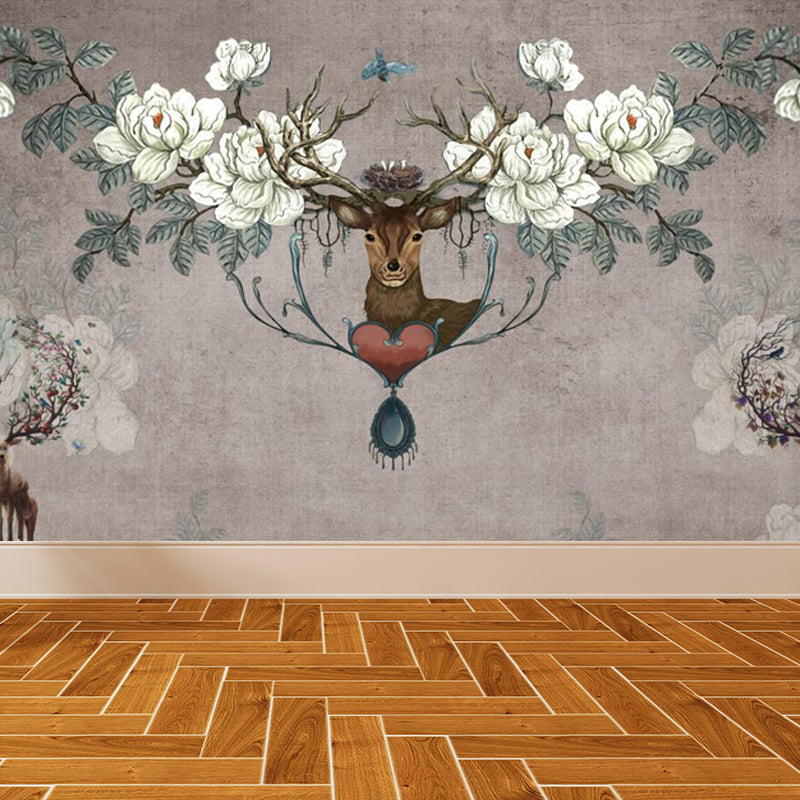 Deer with Flower Antler Mural Wallpaper Grey Modernist Wall Decor for Girls Room Grey Clearhalo 'Wall Decor' 'Wall Mural' 1699119