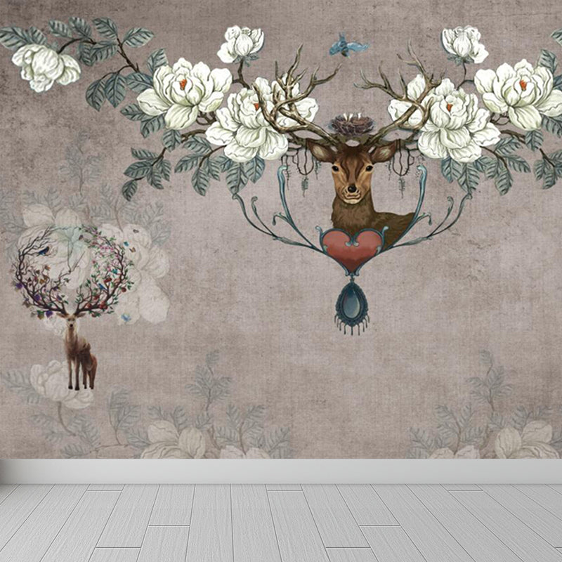 Deer with Flower Antler Mural Wallpaper Grey Modernist Wall Decor for Girls Room Clearhalo 'Wall Decor' 'Wall Mural' 1699120