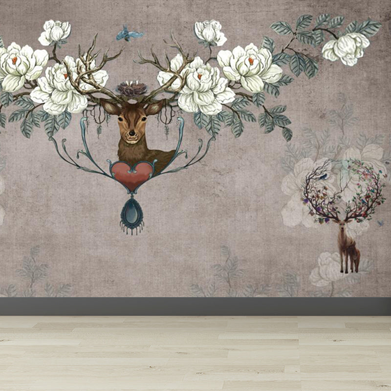 Deer with Flower Antler Mural Wallpaper Grey Modernist Wall Decor for Girls Room Clearhalo 'Wall Decor' 'Wall Mural' 1699121