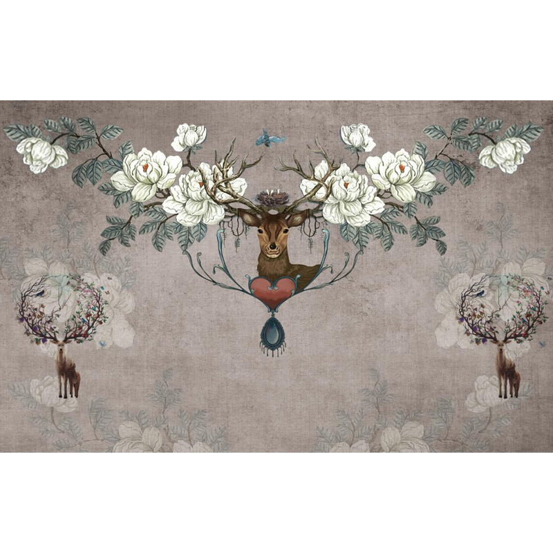 Deer with Flower Antler Mural Wallpaper Grey Modernist Wall Decor for Girls Room Clearhalo 'Wall Decor' 'Wall Mural' 1699122