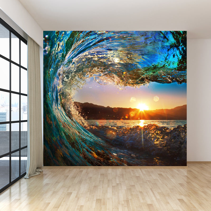 Surge and Sunset View Mural Decal Tropical Non-Woven Material Wall Art in Blue for Home Clearhalo 'Wall Decor' 'Wall Mural' 1699130