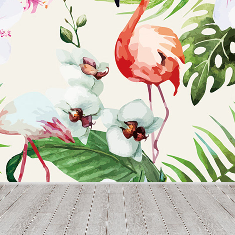 Tropical Botanics Flamingo Mural Decal for Girls Room Custom Wall Covering in Soft Color Clearhalo 'Wall Decor' 'Wall Mural' 1699468