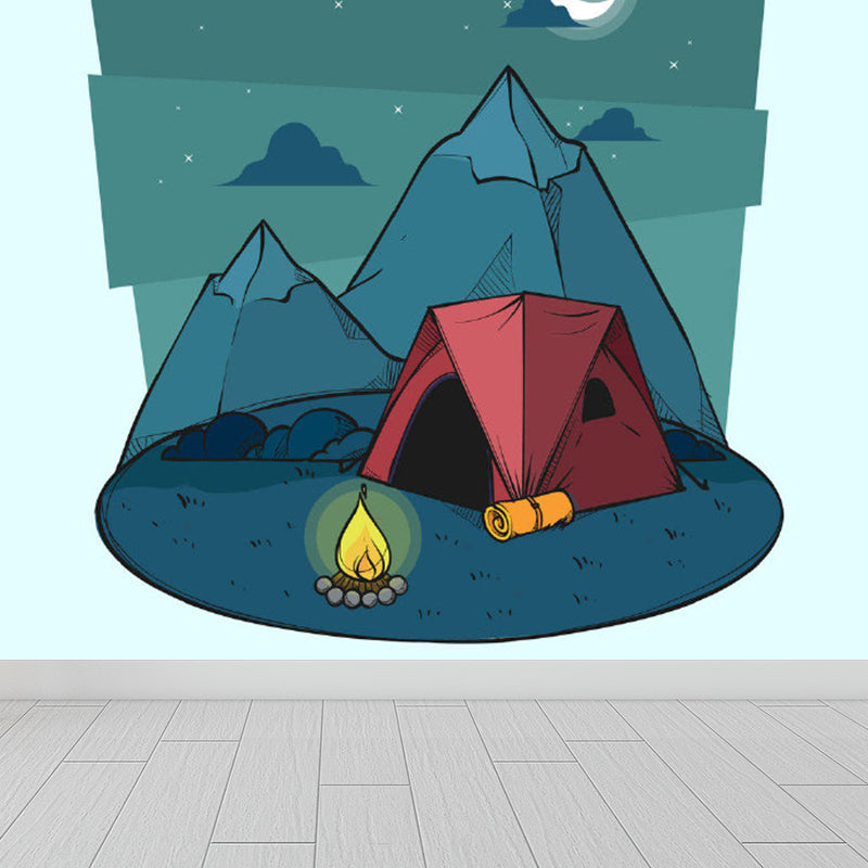 Cartoon Camping View Mural Children's Art Decorative Kids Room Wall Art, Personalize Blue Clearhalo 'Wall Decor' 'Wall Mural' 1699621