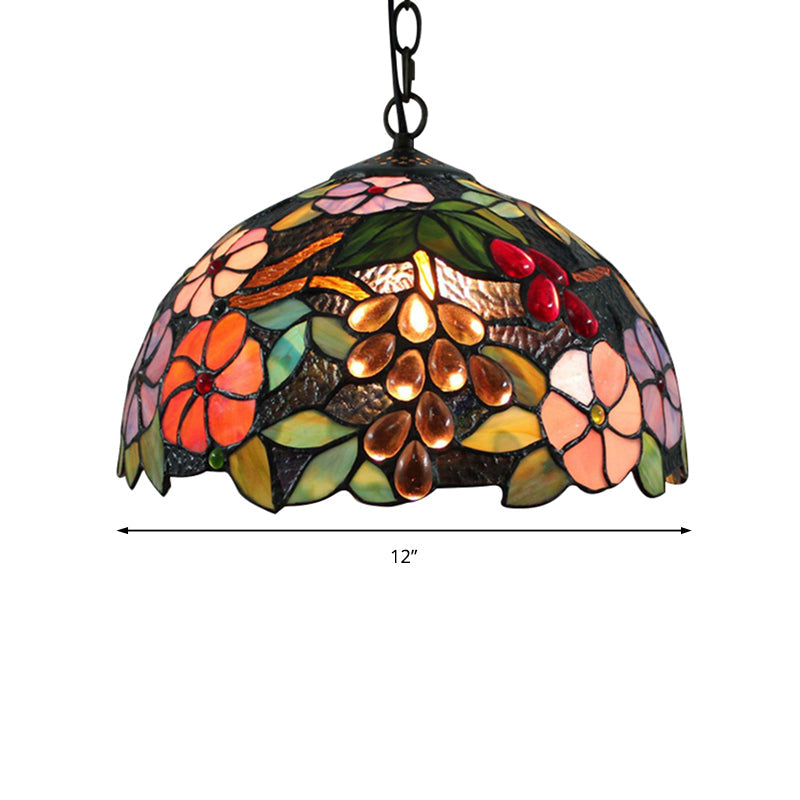 Flower Ceiling Lamp Victorian 1 Bulb Black Handcrafted Art Glass Hanging Pendant Light, 12