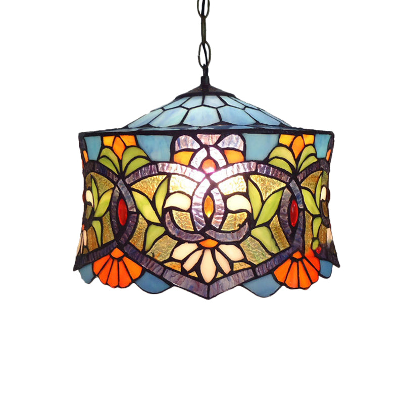 Victorian Style Light Fixtures over Table, Adjustable Stained Glass Drum Pendant Lighting for Dining Room, 14
