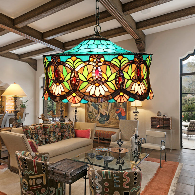 Hanging Lamps for Living Room, Victorian Style Drum Pendant Light Fixture with Stained Glass Shade, 18