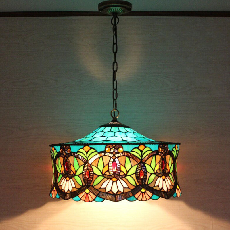 Hanging Lamps for Living Room, Victorian Style Drum Pendant Light Fixture with Stained Glass Shade, 18