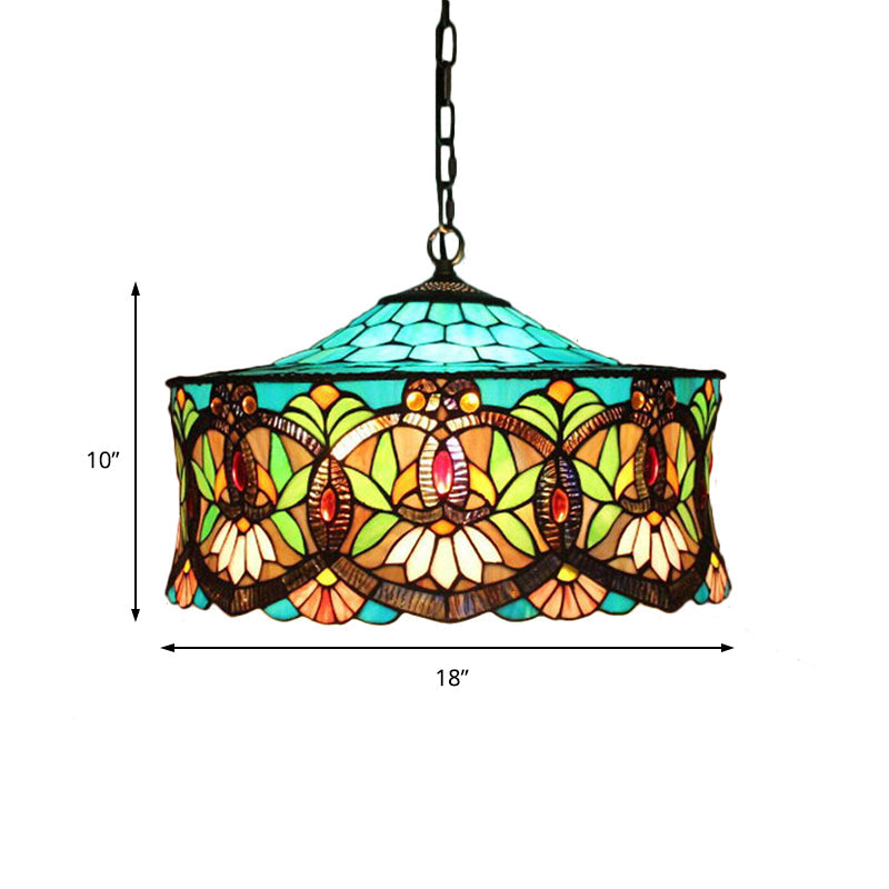 Hanging Lamps for Living Room, Victorian Style Drum Pendant Light Fixture with Stained Glass Shade, 18