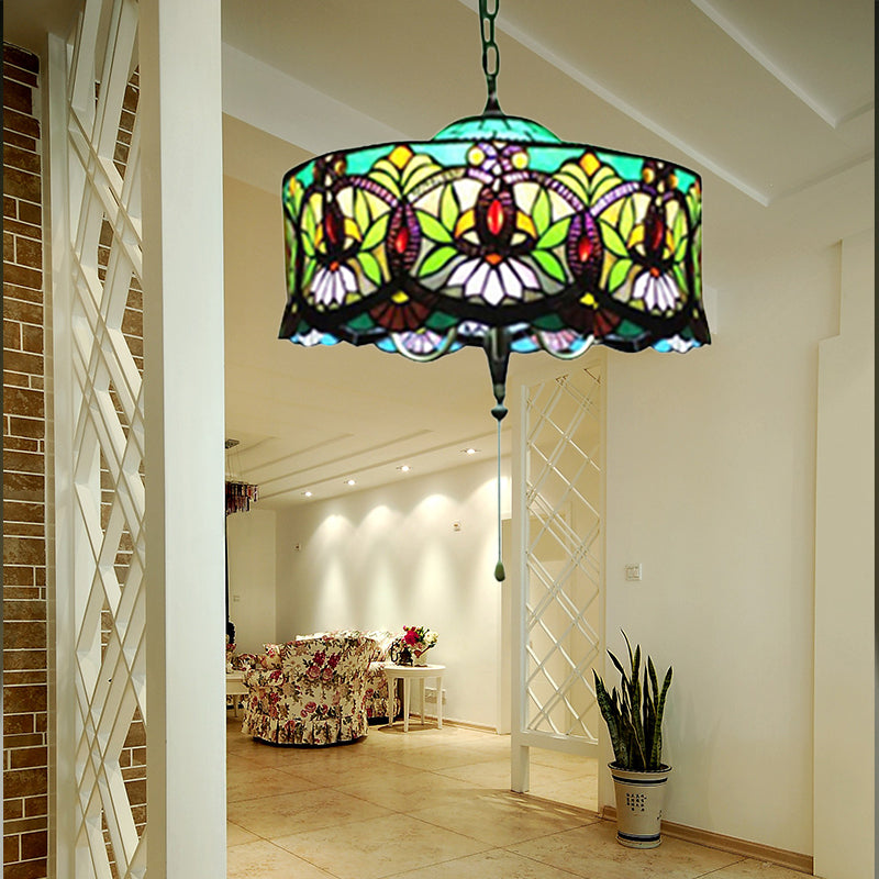 Hanging Lamps for Living Room, Victorian Style Drum Pendant Light Fixture with Stained Glass Shade, 18