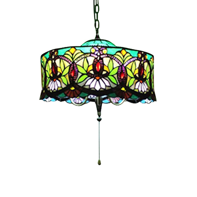 Hanging Lamps for Living Room, Victorian Style Drum Pendant Light Fixture with Stained Glass Shade, 18