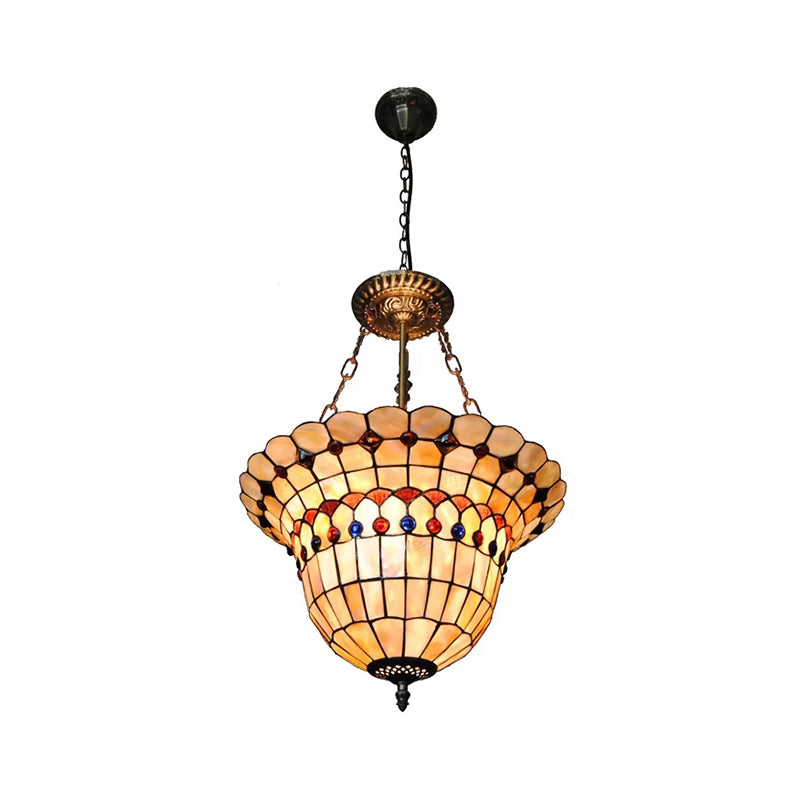 3-Light Tiffany Goblet Chandelier Lighting Glass Pendant Light in Beige with Checkered Pattern Clearhalo 'Ceiling Lights' 'Pendant Lights' 'Tiffany close to ceiling' 'Tiffany' Lighting' 170125