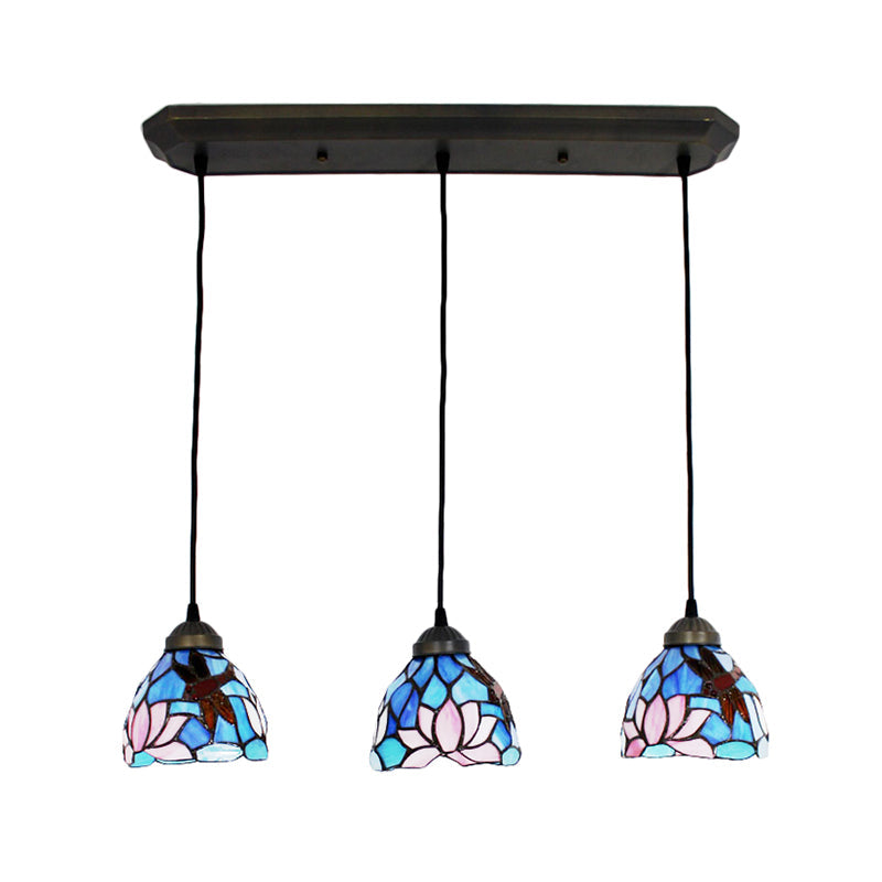 Hanging Lights for Dining Table, 3-Light Dragonfly Linear Ceiling Fixture with Art Glass Shade Clearhalo 'Ceiling Lights' 'Industrial' 'Island Lights' 'Middle Century Pendants' 'Pendant Lights' 'Pendants' 'Tiffany close to ceiling' 'Tiffany Pendants' 'Tiffany' Lighting' 170149