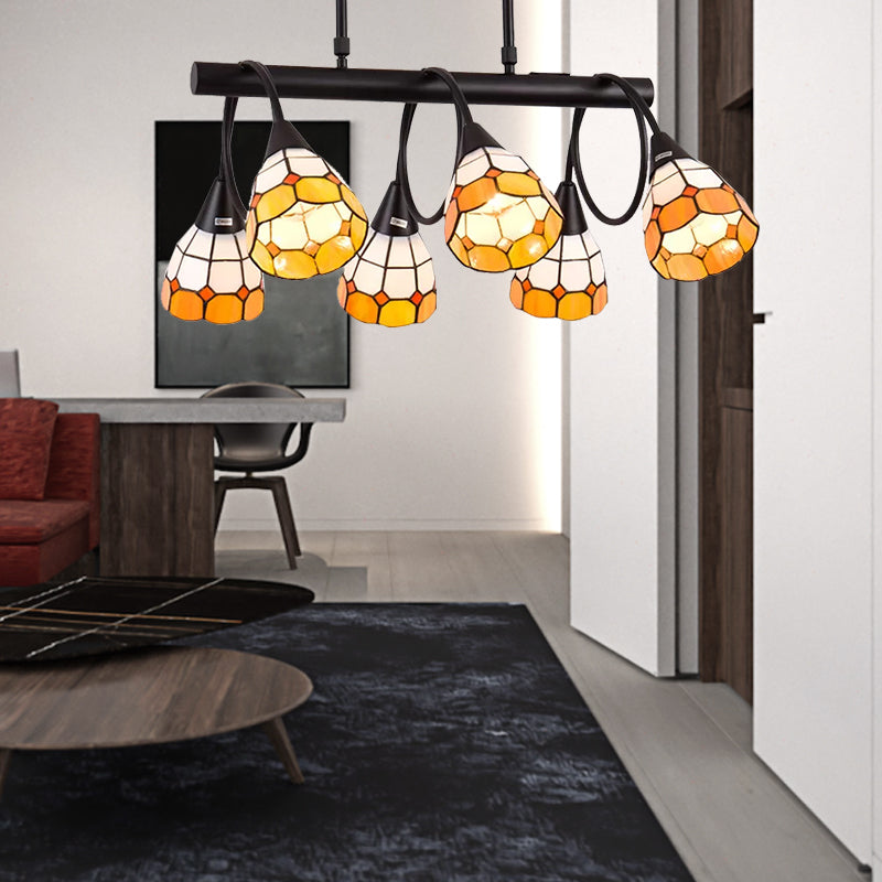 6/10 Lights Kitchen Island Lighting Tiffany Stylish Blue/Orange and Yellow Hanging Lamp with Dome Stainless Glass Shade Clearhalo 'Ceiling Lights' 'Chandeliers' 'Glass shade' 'Glass' 'Island Lights' 'Pendant Lights' 'Tiffany close to ceiling' 'Tiffany' Lighting' 170261