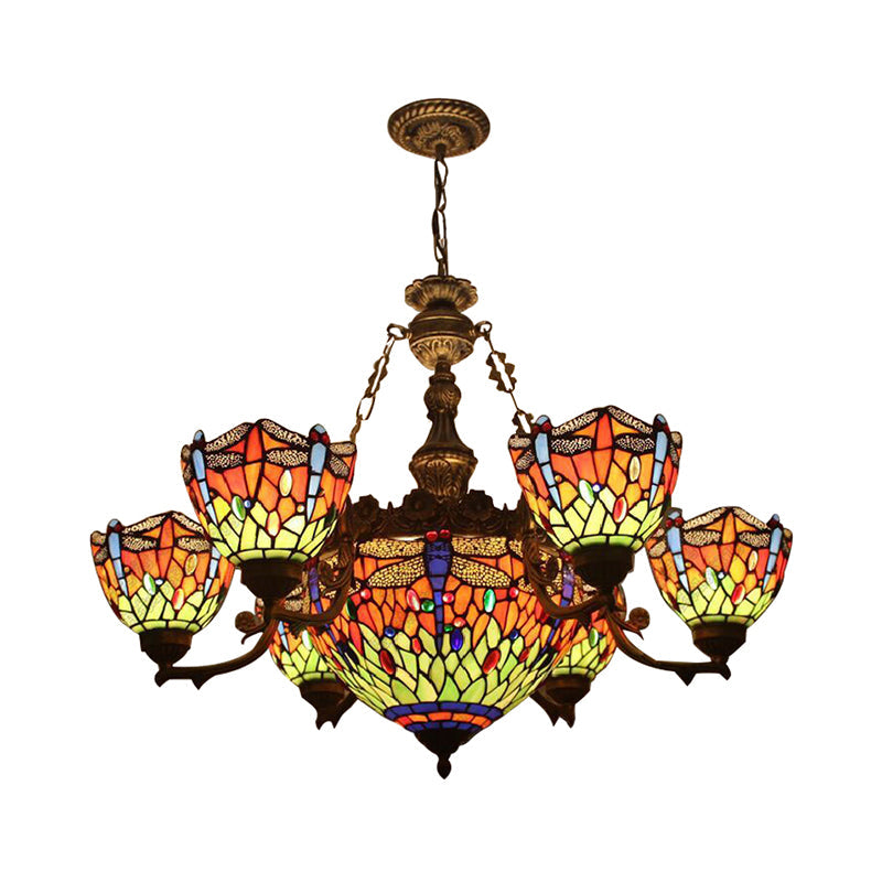 Chandeliers for Living Room, Dragonfly Hanging Pendant Lamp with Stained Glass Shade and Jewel Decoration Tiffany Style Clearhalo 'Ceiling Lights' 'Chandeliers' 'Industrial' 'Middle Century Chandeliers' 'Tiffany Chandeliers' 'Tiffany close to ceiling' 'Tiffany' Lighting' 170334