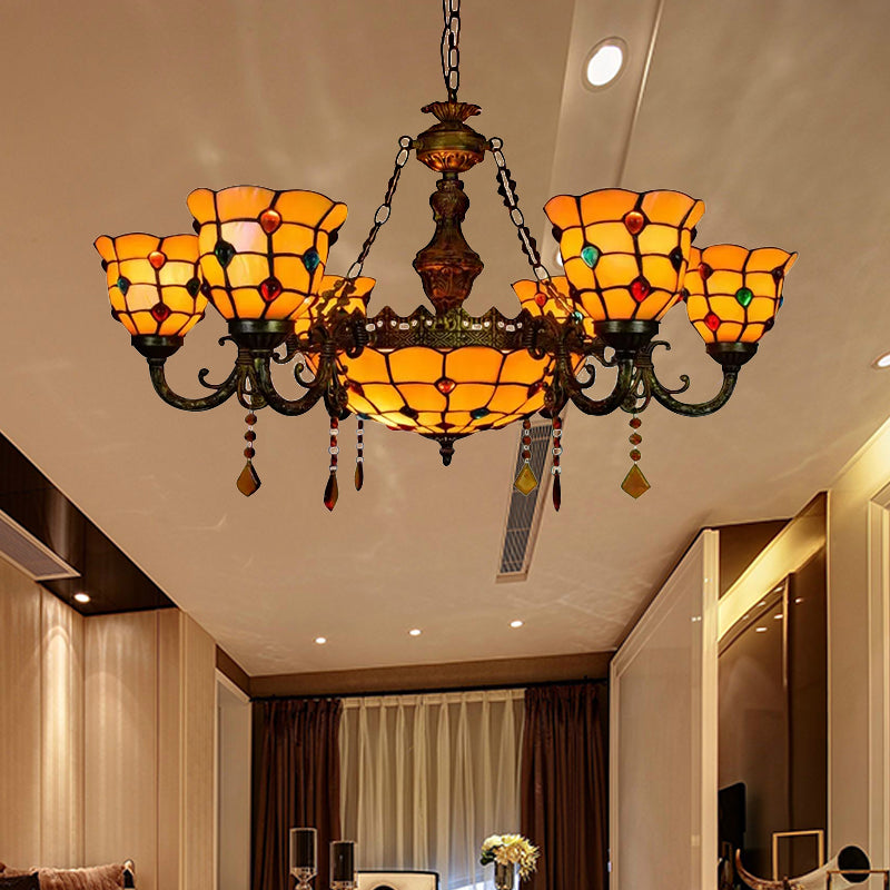 Chandelier over Dining Table, Jewel Hanging Fixture in Aged Brass with Dome and Bell Shade Tiffany Style Clearhalo 'Ceiling Lights' 'Chandeliers' 'Industrial' 'Middle Century Chandeliers' 'Tiffany Chandeliers' 'Tiffany close to ceiling' 'Tiffany' Lighting' 170340