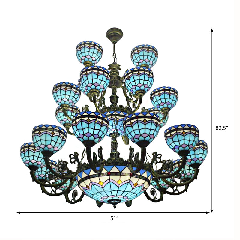 Tiffany Bowl Chandelier 3 Tiers Upward Lighting Bedroom Living Room Hanging Lighting in Bronze Finish Clearhalo 'Ceiling Lights' 'Chandeliers' 'Industrial' 'Middle Century Chandeliers' 'Tiffany Chandeliers' 'Tiffany close to ceiling' 'Tiffany' Lighting' 170389