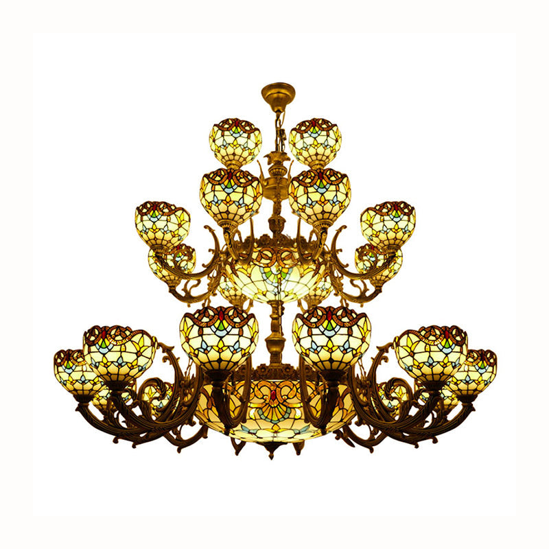 Tiffany Bowl Chandelier 3 Tiers Upward Lighting Bedroom Living Room Hanging Lighting in Bronze Finish Clearhalo 'Ceiling Lights' 'Chandeliers' 'Industrial' 'Middle Century Chandeliers' 'Tiffany Chandeliers' 'Tiffany close to ceiling' 'Tiffany' Lighting' 170391