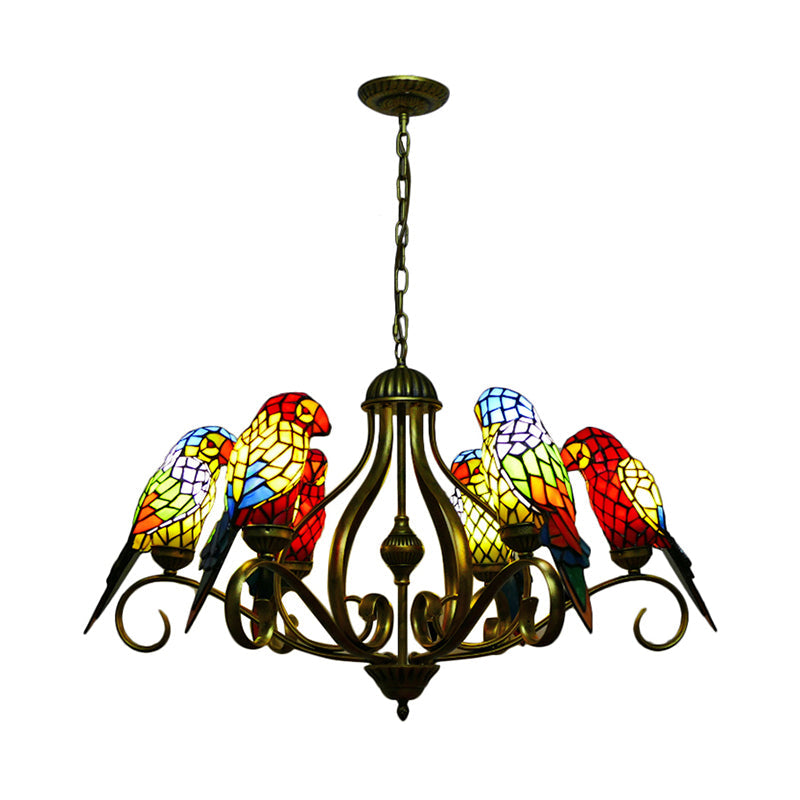 Stained Glass Chandeliers for Dining Rooms, Ceiling Light Fixture in Antique Brass with Parrot Design Tiffany Style Clearhalo 'Ceiling Lights' 'Chandeliers' 'Industrial' 'Middle Century Chandeliers' 'Tiffany Chandeliers' 'Tiffany close to ceiling' 'Tiffany' Lighting' 170447