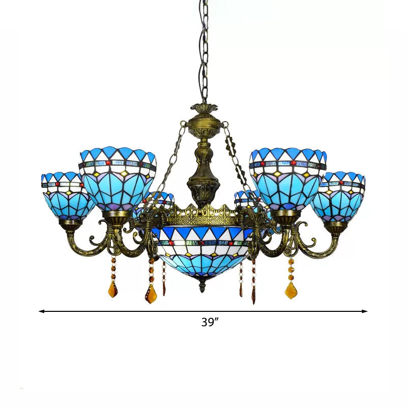 Blue Tiffany Chandelier, Dome Ceiling Light with Amber Crystal and Jewel Decoration for Dining Room Clearhalo 'Ceiling Lights' 'Chandeliers' 'Industrial' 'Middle Century Chandeliers' 'Tiffany Chandeliers' 'Tiffany close to ceiling' 'Tiffany' Lighting' 170460