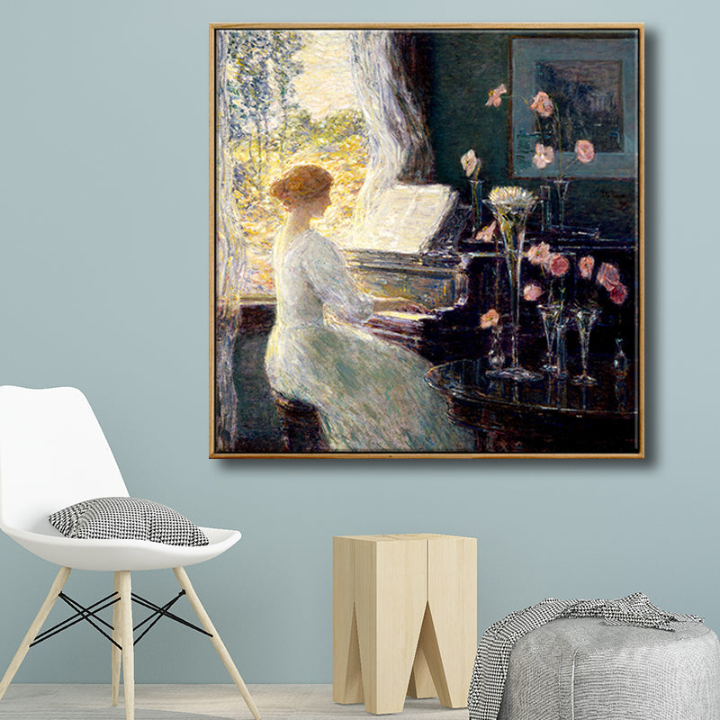 Vintage Wall Art Decor Green Beauty Playing the Piano Canvas in Green for Living Room Green Clearhalo 'Arts' 'Canvas Art' 1705099