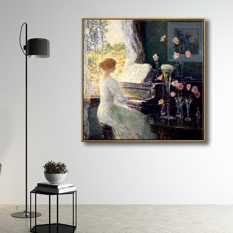 Vintage Wall Art Decor Green Beauty Playing the Piano Canvas in Green for Living Room Clearhalo 'Arts' 'Canvas Art' 1705100