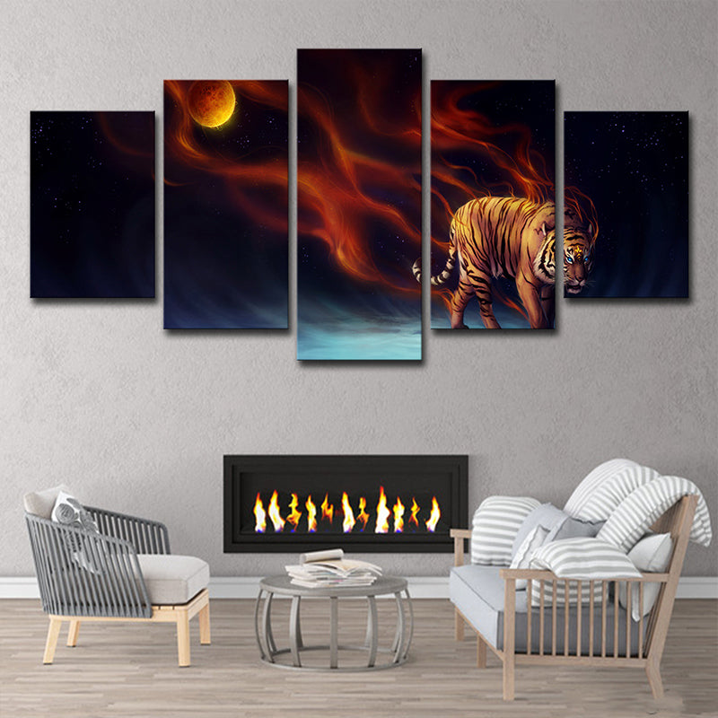 Yellow Moon Night Tiger Art Print Multi-Piece Modern Living Room Wall Decoration Clearhalo 'Art Gallery' 'Canvas Art' 'Contemporary Art Gallery' 'Modern' Arts' 1705263