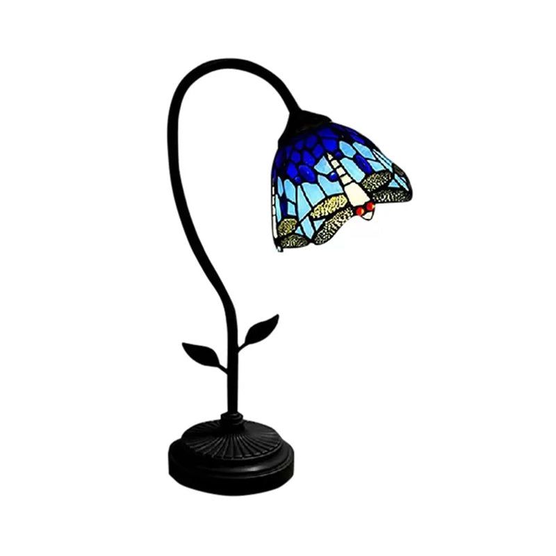 1 Light Domed Table Lamp Tiffany Style Blue/Orange Stainless Art Glass Table Lighting with Sunflower/Dragonfly Pattern Clearhalo 'Lamps' 'Table Lamps' Lighting' 170535