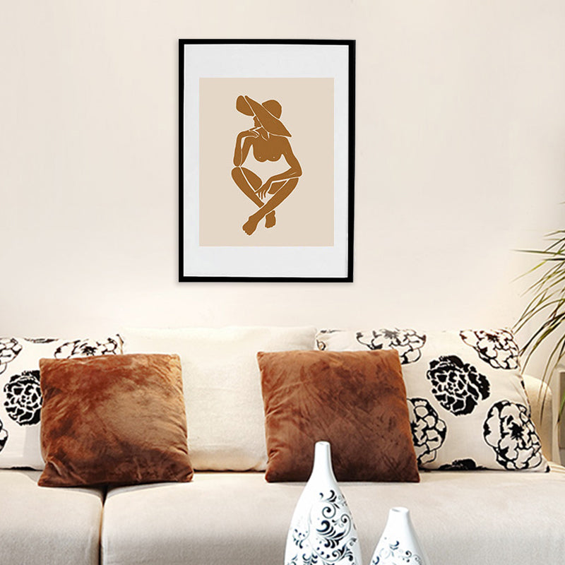 Woman with Floppy Hat Canvas Minimalist Stylish Fashion Drawing Wall Art in Brown Clearhalo 'Art Gallery' 'Canvas Art' 'Contemporary Art Gallery' 'Contemporary Art' 'Minimalism' 'Minimalist Art Gallery' 'Scandinavian' Arts' 1705585