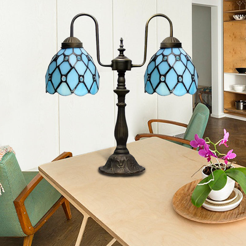 Blue Beaded Reading Book Light Tiffany Stylish 2 Lights Stainless Glass Hanging Lamp with Dome Shade Clearhalo 'Lamps' 'Table Lamps' Lighting' 170577